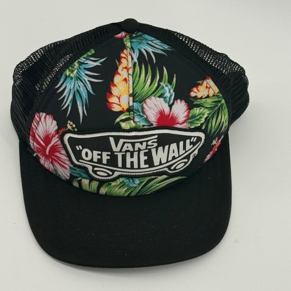Vans Other - Vans Off The Wall Trucker Hat Black Floral Tropical Hibiscus Snapback Cap